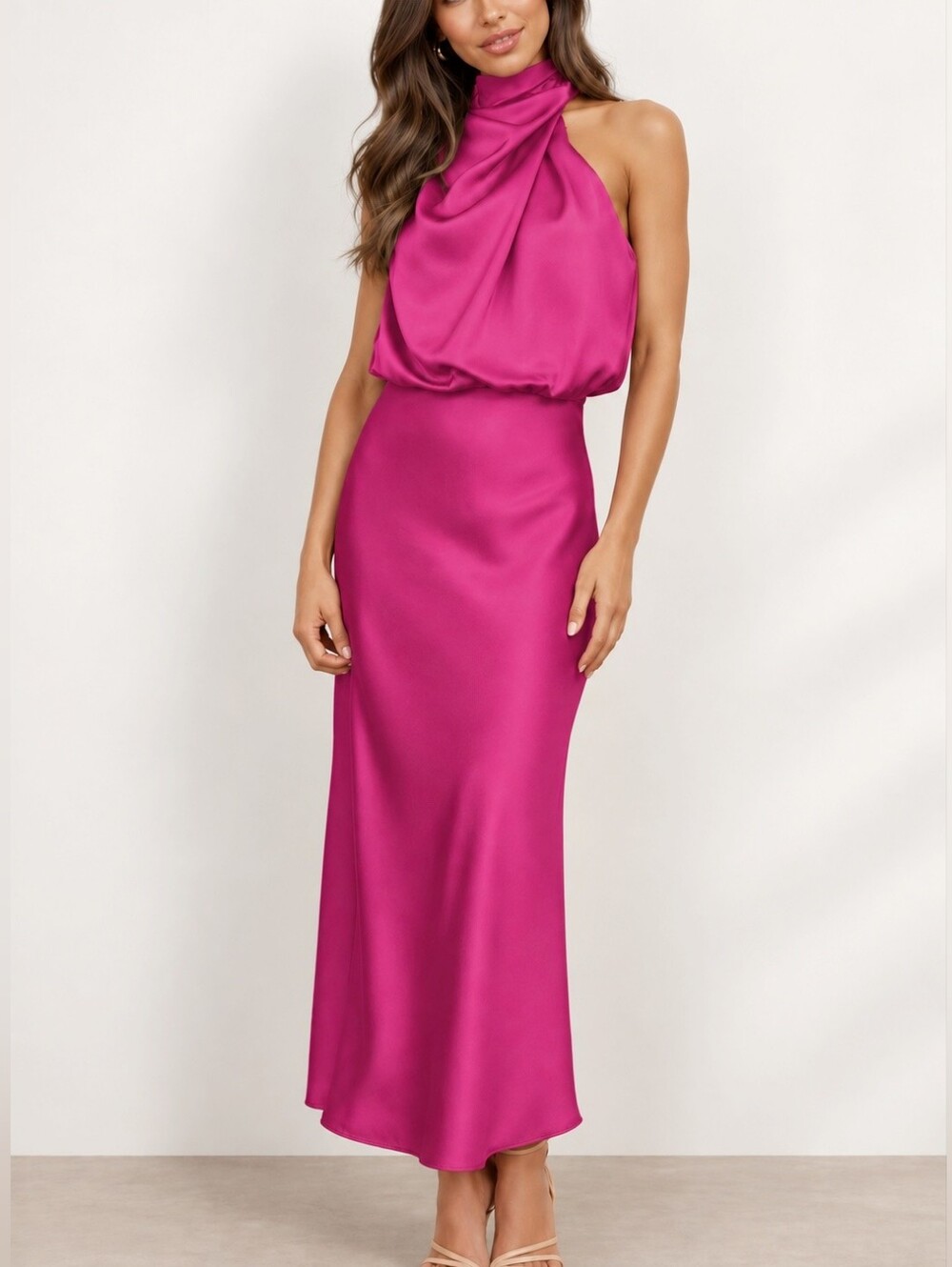 New Draped Halter Midi Dress Satin Sleeveless Hot Pink